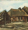 Cottage with Decrepit Barn and Stooping Woman