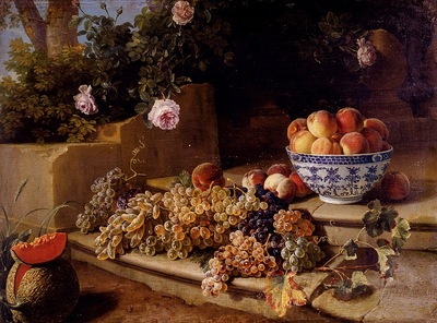 Alexandre Francois Desportes Still Life Of Grapes Peaches In A Blue And White Porcelain Bowl And A Melon