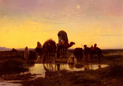 Eugene Alexis Girardet Camel Train By An Oasis At Dawn