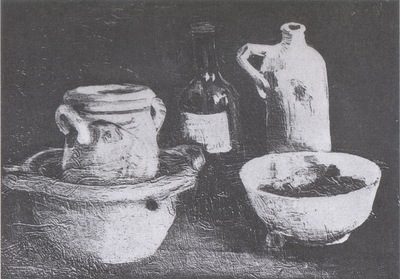 still life with ceramic dishes and two bottles, nuenen