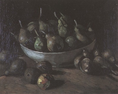 still life with clay cup and pears, nuenen