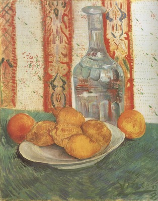 still life with a bottle and lemons on a plate, paris