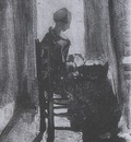 female peasant seating in front of an open door, peeling potatoes, nuenen