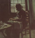female peasant sewing in front of a window, nuenen
