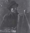 self portrait with dark felt hat at the easel, nuenen
