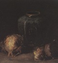 still life with onions and a bottle of ginja, nuenen