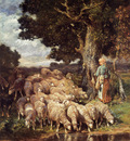 Jacque CE A Shepherdess with her Flock near a Stream