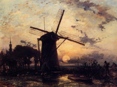 Jongkind Johan Berthold Boatman by a Windmill at Sundown