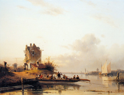 Leickert Charles Riverlandscape with ferry Sun