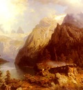 Leu August Wilhelm A Shepherdess And Sheep Resting By A Lake In An Alpnie Landscape