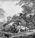 Berchem Nicolaes Three resting cows Sun