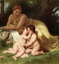 Young Woman Contemplating Two Embracing Children