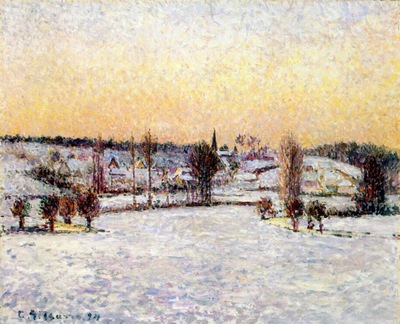 pissarro snowy landscape, eragny, evening