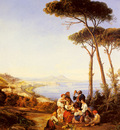 Carelli Consalve A Group Of Peasants With The Bay Naples Beyond