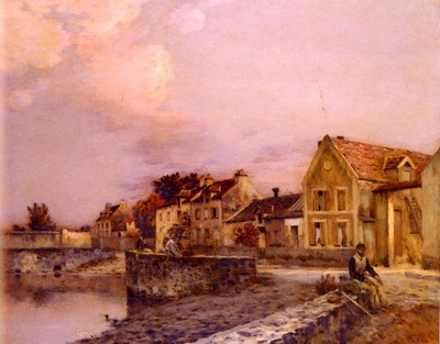 Cazin Jean Charles Figures At The Village Pond, Sunset