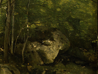 corot rocks in the forest of fontainebleau, 1860 1865, det