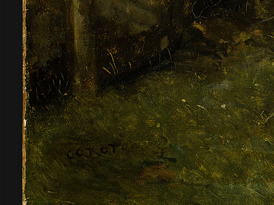 corot rocks in the forest of fontainebleau, 1860 1865, det