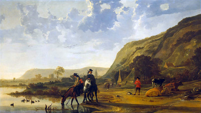 Cuyp Albert Riverlandscape with horsemen Sun