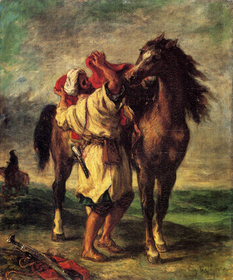 Delacroix Ferdinand Victor Eugene A Moroccan Saddling A Horse