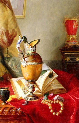Desgoffe Blaise Alexandre A Still Life With Urns And Illuminated manuscript On A Draped Table
