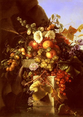 Dietrich Adelheid Still Life With Grapes Peaches Flowers And A Butterfly