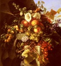 Dietrich Adelheid Still Life With Grapes Peaches Flowers And A Butterfly