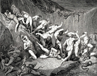 Dore Gustave 53  Naked souls are being haunted through this cruel barren land of serpents without any hope of shelter