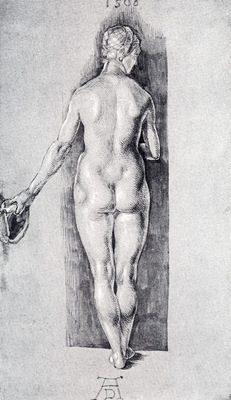Durer Rear View Of A Female Nude Holding A Cap