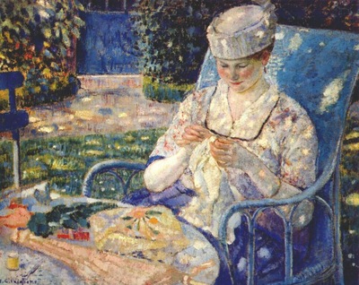 frieseke sewing in the garden c1915