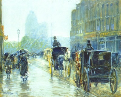 hassam horse drawn cabs at evening, new york c1890