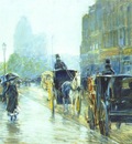 hassam horse drawn cabs at evening, new york c1890