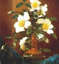 heade white cherokee roses in salamander vase c1883