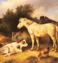 Hunt Walter Ponies A Calf And Poultry In A Farmyard