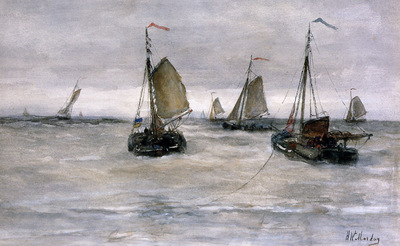 Mesdag Hendrik Willem Ships on a choppy sea Sun