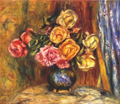 renoir roses in front of a blue curtain