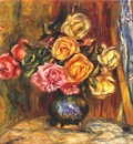 renoir roses in front of a blue curtain