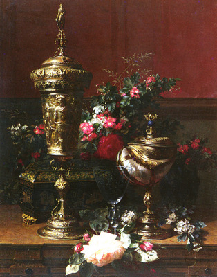 Robie Jean Baptiste Belgian 1821 to 1910 A Still Life With A German Cup, A Nautilus Cup, A Gobl
