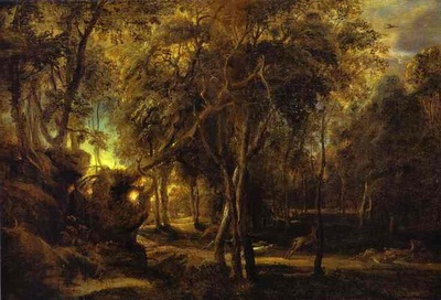 Peter Paul Rubens A Forest at Dawn with a Deer Hunt