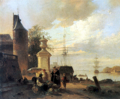 Figures At A Market Stall By A Harbour