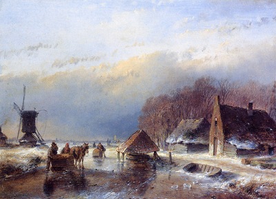 Schelfhout Andreas Men with towing sledge Sun