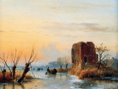 Schelfhout Andreas Ruin in winter landscape Sun