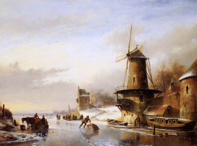 Schelfhout Andreas Scaters frozen river mill Sun