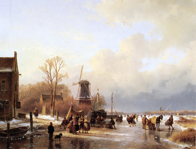 schelfhout andreas scaters river with mill sun