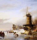 Schelfhout Andreas Scaters frozen river mill Sun