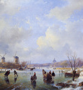 schelfhout andreas scaters on frozen river with mill sun