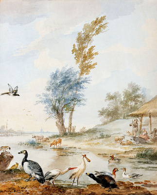 Schouman Aert Landscape with water birds Sun