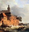 Springer Cornelis Men in boat at choppy sea Sun
