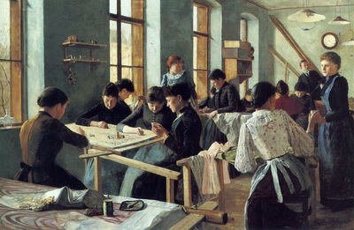 Ladies Embroidering in a Workshop