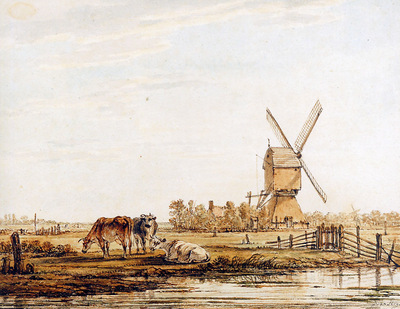 Strij van Jacob Landscape with mill and cattle Sun