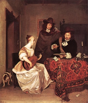 A Young Woman Playing a Theorbo to Two Men WGA